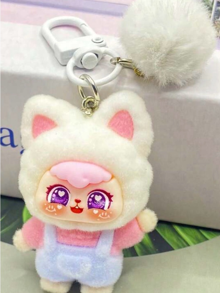 Plush Kitty Pom Keychain - Pink & Cream